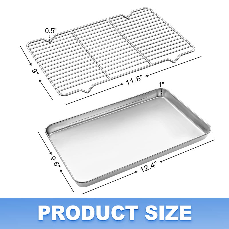 Zacfton Baking Sheet with Wire Rack Set, Stainless Steel Cookie Sheet Baking Pan Toaster Oven Tray with Cooling Rack, 12.4 x 10 x 1 Inch Quarter Sheet Pan - Non Toxic & Dishwasher Safe - Image 2